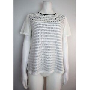 ALFRED DUNNER - BLACK & WHITE STRIPED T-SHIRT WITH WHITE MESH OVERLAY - SIZE S